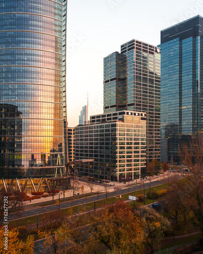 Warsaw, Poland - panorama of a city skyline at sunset. Cityscape view of Warsaw. Skyscrapers in Warsaw. Sunset in the city.