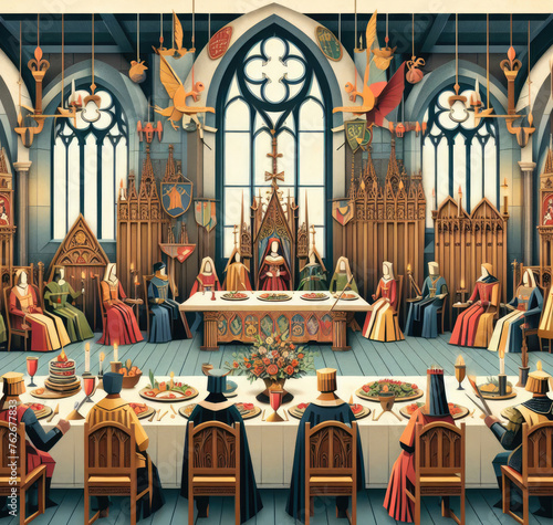 Medieval Banquet Hall with Nobility and Feast