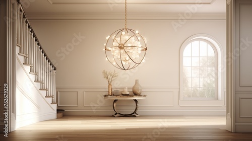 Entry foyer in ivory whites with aged brass and crystal globe pedant light.