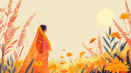 watercolor illustration, Baisakhi, Vaisakhi, beautiful Sikh girl in a traditional dress in a wheat field, vintage style, copy space, place for text