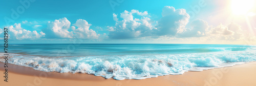 Clean sandy beach with cloudy sunny sky panorama view, natural landscape scenery, sandy tropical summer beach, summer vacation banner, the beautiful sea on a sunny day, Hawaiian decent beach panorama