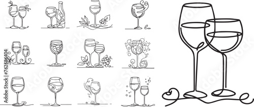 glass wine line art vector set