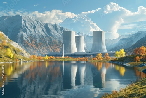 Concept of a Modern Nuclear Power Complex in Autumnal Mountain Setting. Generative AI.