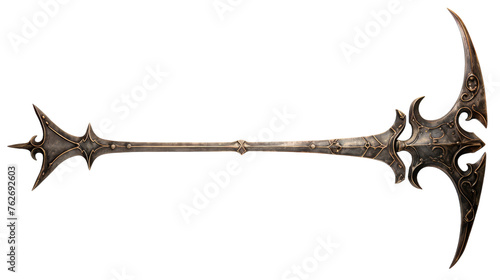 A large metal sword gleams on a white background