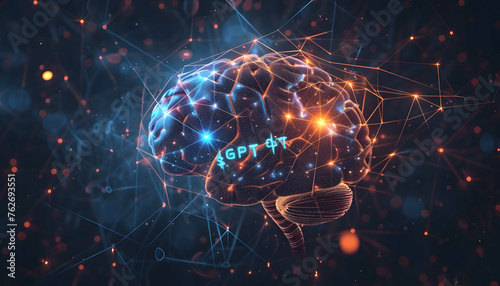 Particles connencted in the shape of human brain, network of connections, ai or brain-computer interface concept