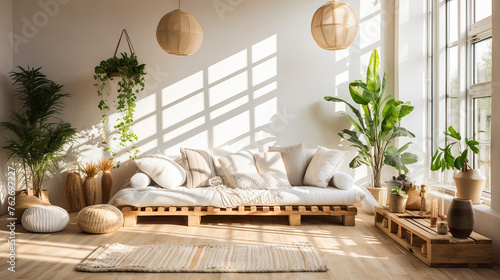 A living room with a couch, a potted plant, and a vase. The room is bright and airy, with a lot of natural light coming in from the windows. The couch is covered in pillows