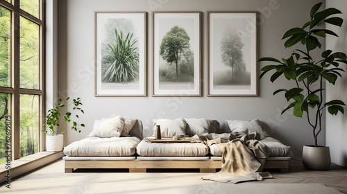 A living room with a couch, a potted plant, and three framed pictures on the wall