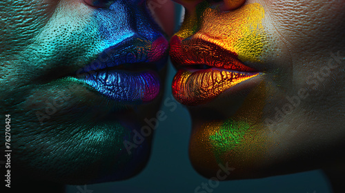  lifestyle fashion lgbtq concept. Young gay men with makeup in bright colorful paint lips with lipstick 