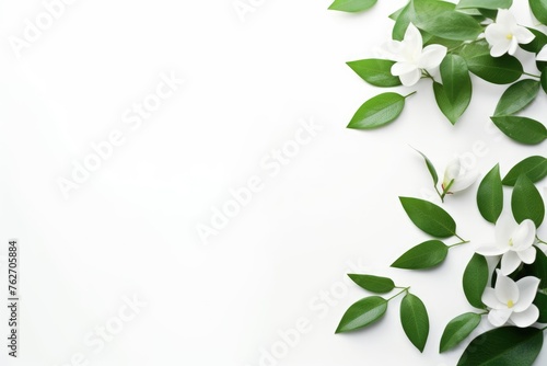 Vibrant White Flowers and Lush Greenery on Blank Canvas. A captivating arrangement of pure white flowers and lush green leaves offers a peaceful corner of nature on a blank white canvas