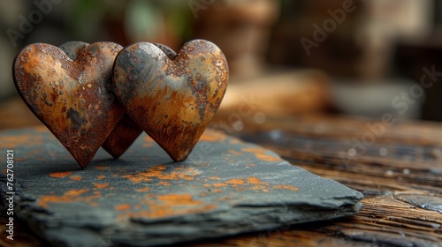  Two rusted metal hearts on wood table with papers in between