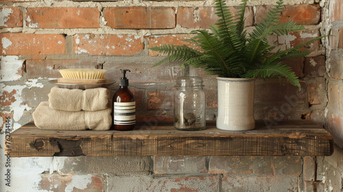  A wooden shelf holds a potted plant, soap dispenser, and bottle of lotion