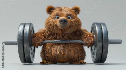 The character of a weightlifter bear with a barbell . 3d illustration