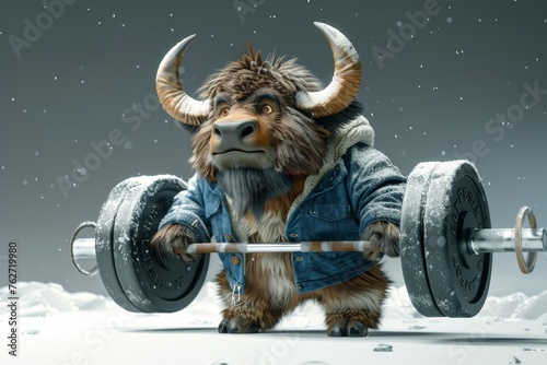 The character of the Bull is a weightlifter with a barbell. 3d illustration