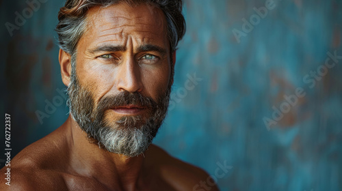 A man with a beard and a necklace is looking at the camera. A man relaxed and confident mood. a man over 45 years old. Life is his passion, and he is never bored, always finding engaging activities.