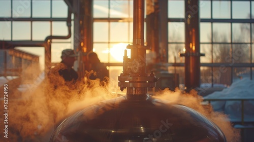 Luxurious whisky distillery master blenders crafting premium spirits in modern industrial ambiance