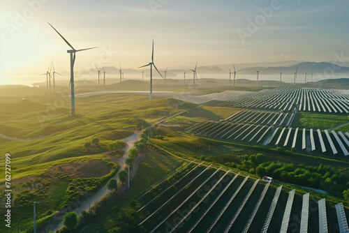 A renewable energy farm with rows of wind turbines and solar pannels