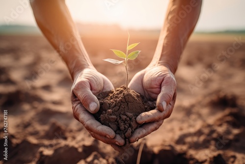 Hands tenderly holding a young plant with soil, with a dry cracked earth backdrop during sunset. Seedling Cradled in Hands Against Drought Background