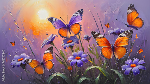delicate violet flowers in drops of dew and orange butterflies against the background of sunrise