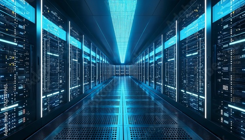 Advanced data center with symmetrical server racks illuminated by blue led lights