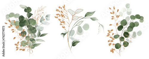 Watercolor bouquet of leaves and eucalyptus branch with gold. Botanical herbal illustration for wedding or greeting card. Hand painted spring composition isolated on white background.