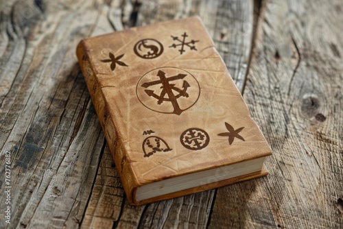 World religions book with religious symbols printed on wooden table. Top view.