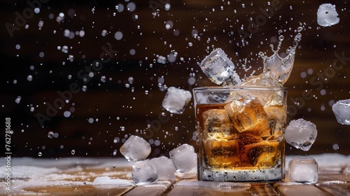 Splash ice falling to whisky 