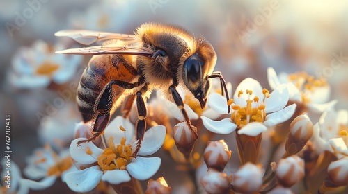 A bumblebee or bee pollinates a flower in spring or summer