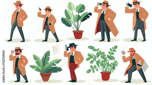 Detective character with magnifying glass sleuthing