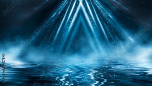 dark street wet asphalt reflections of rays in the water abstract dark blue background smoke