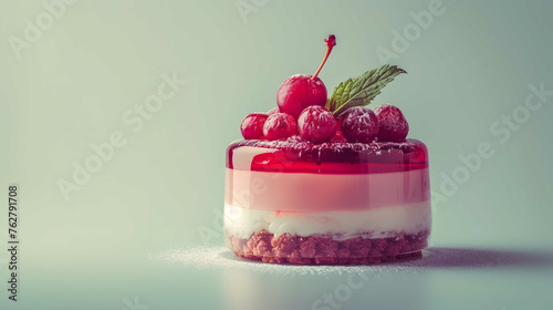 Malen'kii krasno-belyi tort na beloi podstavke, ukrashennyi rozami i serdechkami ko dniu sviatogo valentina