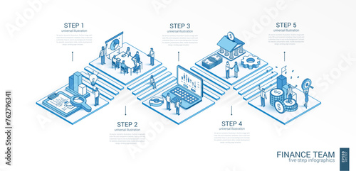 3d line isometric finance team infographic template. Bank data analysis, presentation layout. 5 option steps, process parts, growth concept. Business people team. Analytics, fintech, money icon
