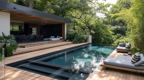 Outdoor pool area with Japandi-style landscaping, wooden decking, and minimalist seating