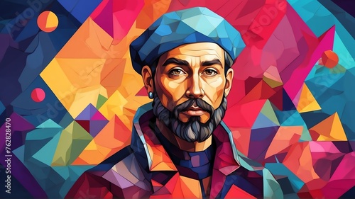 Magellan portrait colorful geometric shapes background. Digital painting. Vector illustration from Generative AI