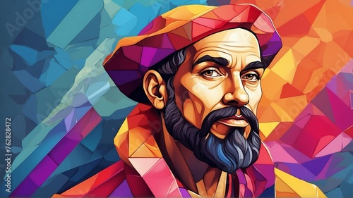 Magellan portrait colorful geometric shapes background. Digital painting. Vector illustration from Generative AI