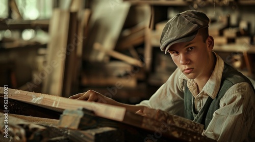 Young joiner work at his workstation. Successful handsome businessman with stylish cap work in carpentry