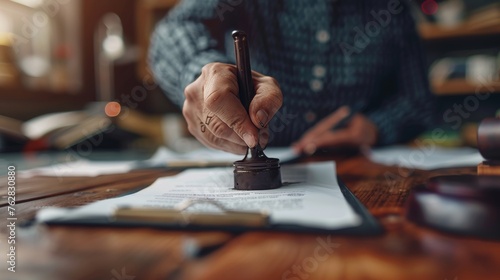 A detailed view focusing on a notary public's hand as it firmly stamps ink onto a document, embodying the formal notarization process