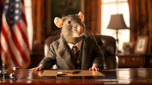 Rat wearing a suit sitting in a desk with the US flag in the background