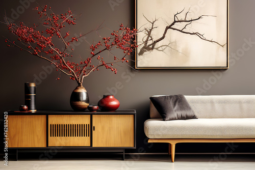 Japanese interior design of modern living room, home. Mid-century sofa near wooden cabinet against dark wall with poster, frame.