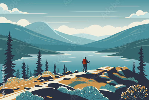 Lonely traveller hiking in the mountains, vector illustration. Beautiful nature outdoor, backpacking trip to a national park