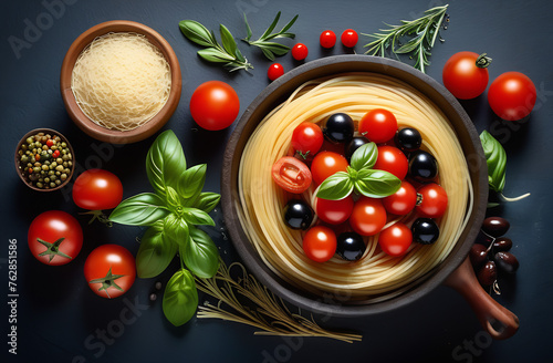 Italian food background, with vine tomatoes, basil, spaghetti, mushrooms, olives, parmesan, olive oil, garlic, peppercorns, rosemary, parsley and thyme. Slate background