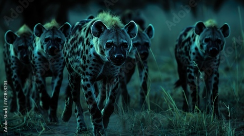 A pack of hyenas on the prowl in the African night, their eyes gleaming in the darkness