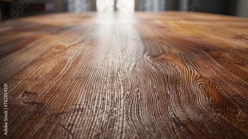 A detailed closeup of a beautiful brown hardwood table with a grainy texture, 
