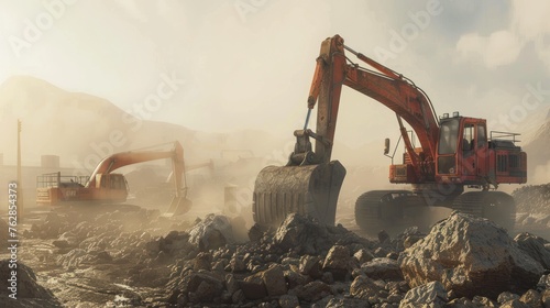 A large construction back hoe vehicle on a large rock pile with another construction vehicle working 