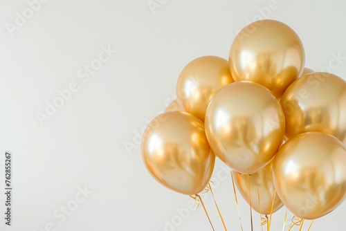 Bunch of glossy golden balloons on a plain white background
