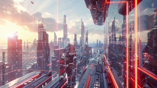 Concept of a futuristic digital city illustrated by a wide image for promotions