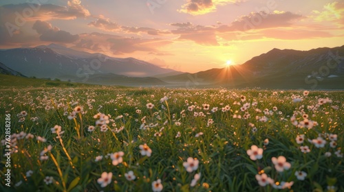 View of a countryside landscape at sunset in spring with flowers blooming in Aragatsotn Province of Armenia. 