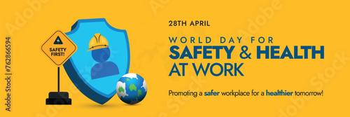 World Day for Safety and Health at Work.28th April World day for safety and health at work celebration and awareness cover banner to promote workers, staff members health and safety. Workers rights.