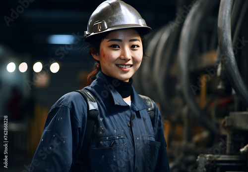 工場の機械の中で働く作業服姿の若いアジア人女性（メカニック・工事・倉庫・建築・建設・点検・製造） 