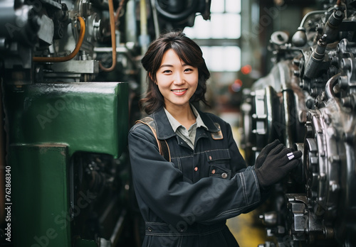 工場の機械の中で働く作業服姿の若いアジア人女性（メカニック・工事・倉庫・建築・建設・点検・製造） 