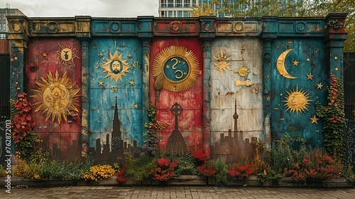 Show a mural wall that blends symbols from multiple religions into one cohesive artwork
